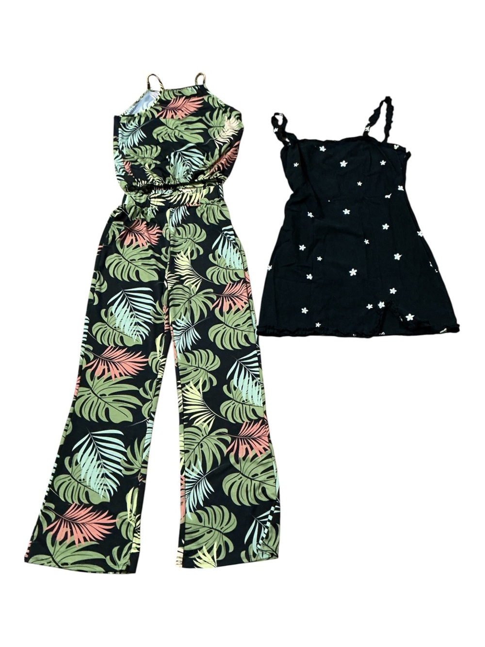 Kendall & Kylie Black Jumpsuit with Green and Coral Tropical Leaf Print